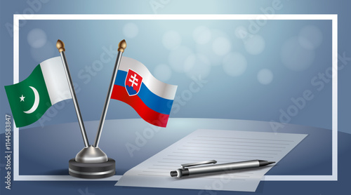 Pakistan and Slovakia National flags on small table with bokeh background, cooperative relationship