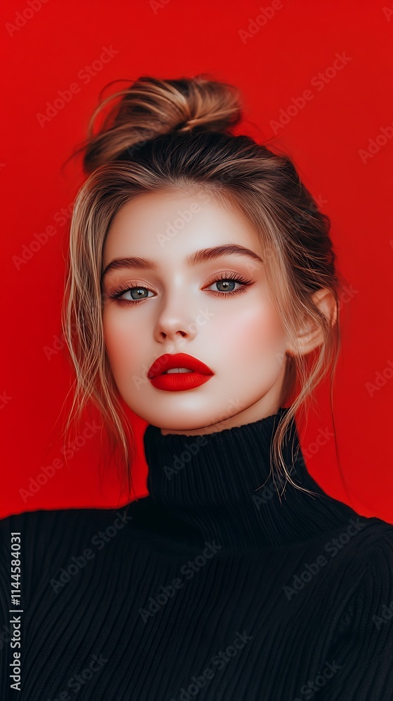 Fototapeta premium Woman poses closely in a photo with a bold red background.. AI Generated
