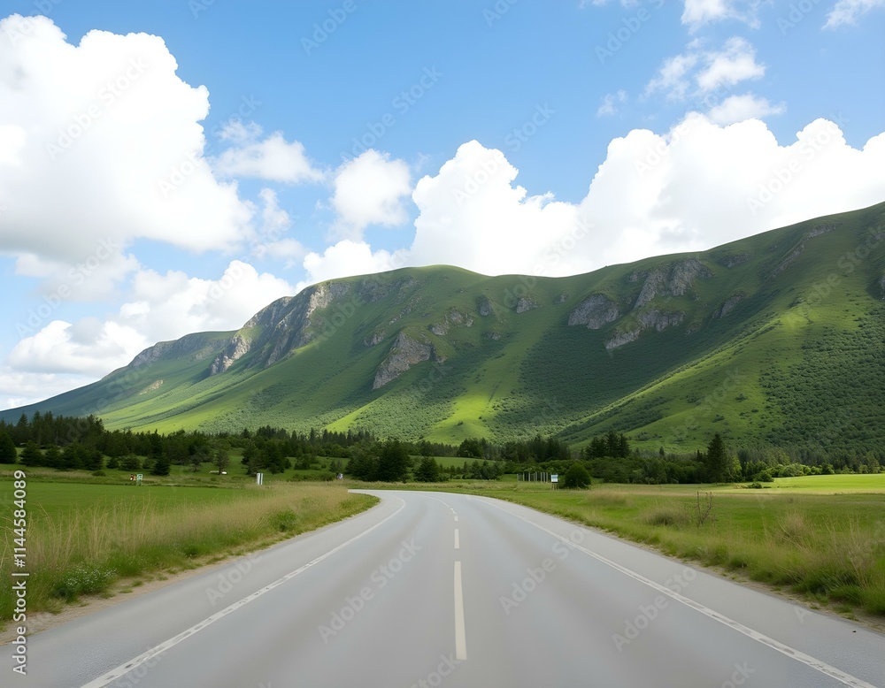 Fototapeta premium Asphalt road and green mountain with sky clouds natural background on sunny day