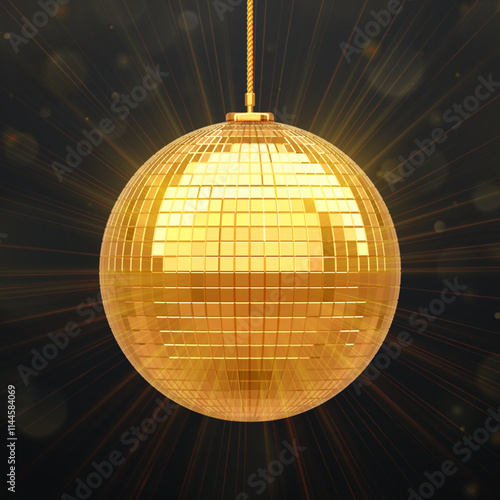 Gold disco ball. Bright glowing disco ball. Shiny mirror disco ball with sparkling reflections on black background for flyer, party invitation, New Year poster, celebration theme. Vector illustration.