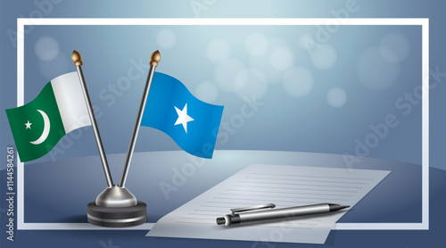 Pakistan and Somalia National flags on small table with bokeh background, cooperative relationship
