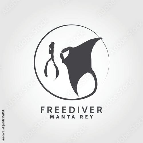 free diver and manta ray diving logo design vector illustration.