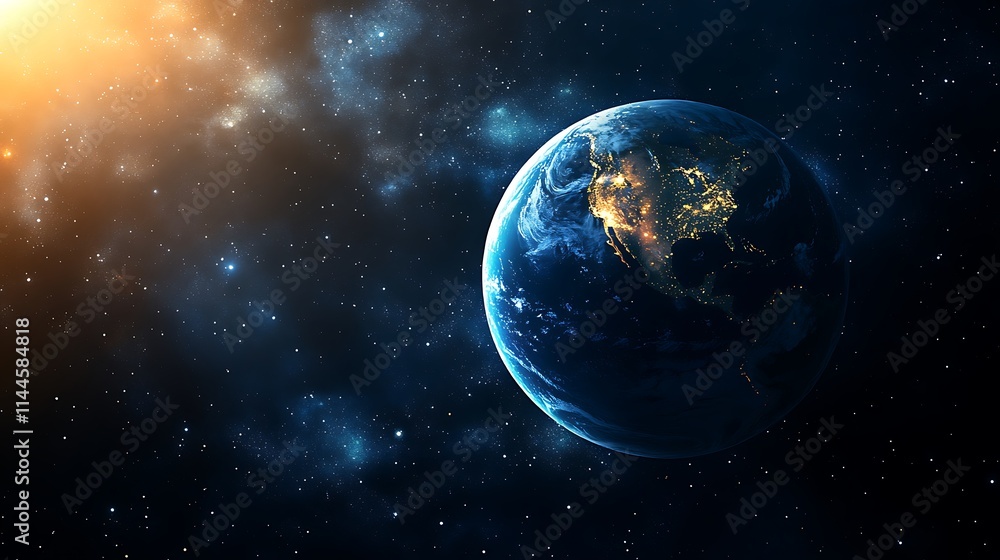 Obraz premium Glowing Earth slowly rotates in deep space digital painting cosmic style. AI Generated
