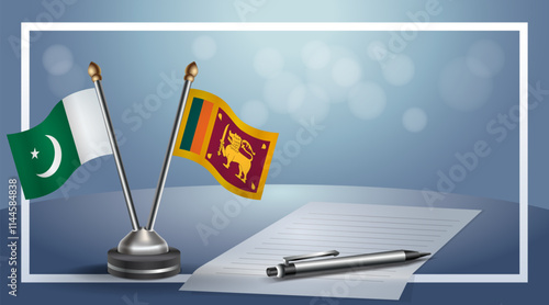 Pakistan and Sri Lanka National flags on small table with bokeh background, cooperative relationship
