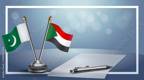 Pakistan and Sudan National flags on small table with bokeh background, cooperative relationship