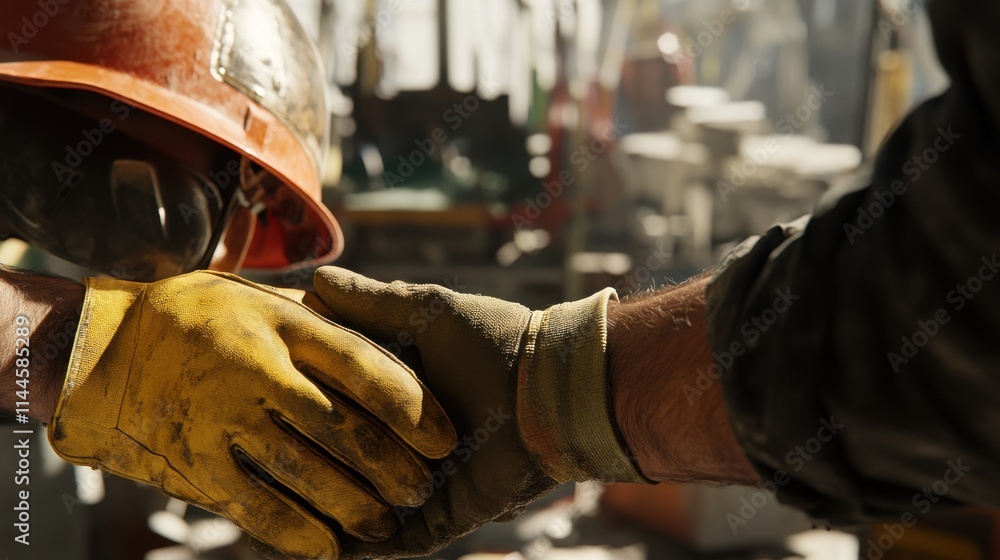 Close-up of construction workers shaking hands in teamwork, safety gear Close-up of construction workers shaking hands in teamwork, safety gear