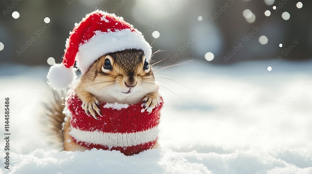 Squirrel wears red hat close-up photo snowy winter scene. AI Generated Squirrel wears red hat close-up photo snowy winter scene. AI Generated