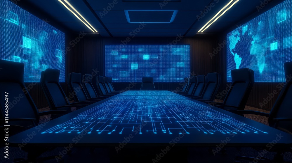 Naklejka premium Modern Conference Room with High-Tech Digital Displays and Futuristic Table Design Featuring Circuit Patterns and World Map Visuals