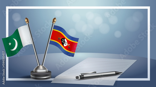 Pakistan and Swaziland National flags on small table with bokeh background, cooperative relationship