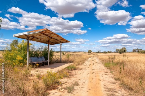 Old abandoned bus stop in the middle of nowhere on a sunny day