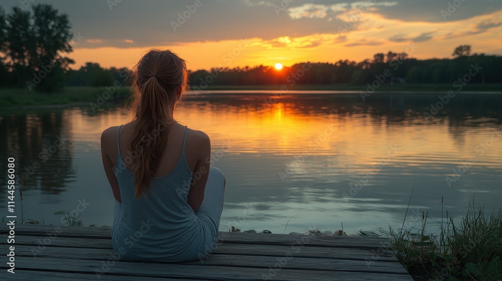 Woman watching sunset by the lake. Woman watching sunset by the lake.