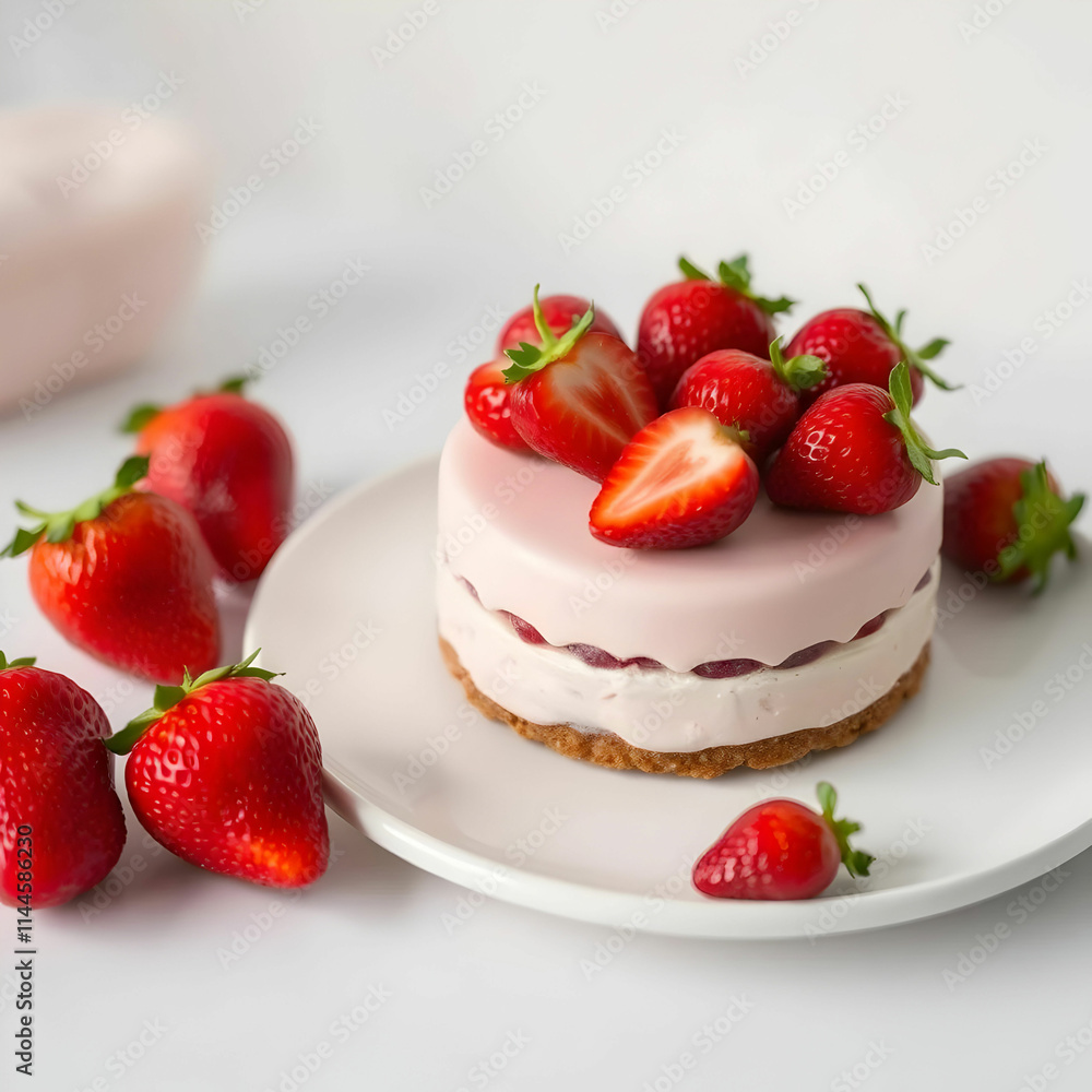 Zoom view of little round cake decorated with strawberries on white plate Zoom view of little round cake decorated with strawberries on white plate