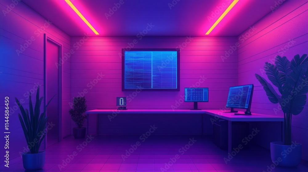 Modern Minimalist Home Office with Neon Lights and Futuristic Vibe Featuring Stylish Furniture and Elegant Plant Decorations for Creative Work Environment Modern Minimalist Home Office with Neon Lights and Futuristic Vibe Featuring Stylish Furniture and Elegant Plant Decorations for Creative Work Environment