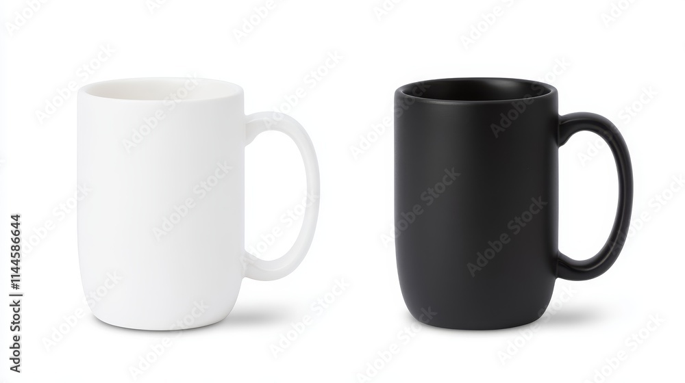 White and black mug mockup set isolated on a white background in ultra-realistic style White and black mug mockup set isolated on a white background in ultra-realistic style