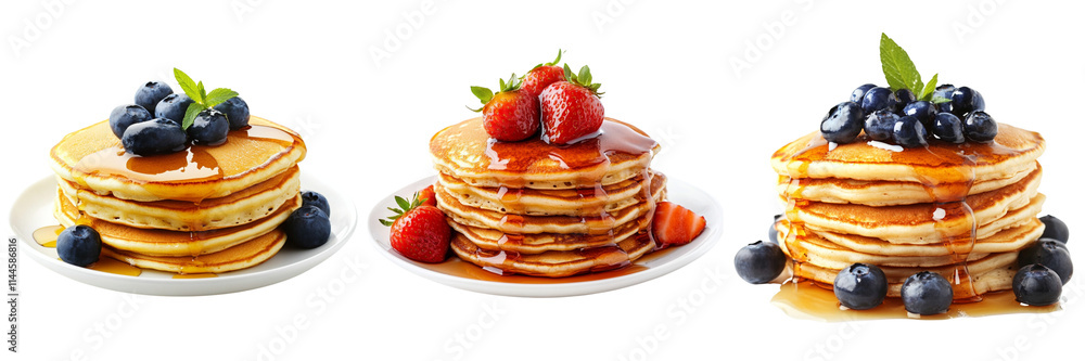 Set of A stack of golden homemade pancakes topped with fresh blueberries and drizzled with honey on transparent png background Set of A stack of golden homemade pancakes topped with fresh blueberries and drizzled with honey on transparent png background