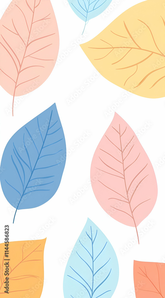 Fototapeta premium A collection of colorful leaves in soft pastel shades on a white background.