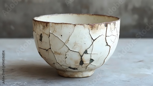 A broken white bowl with a crack in it