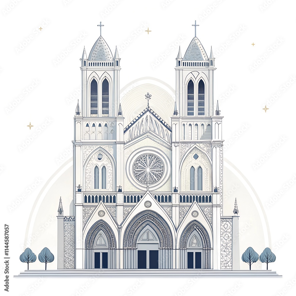 Fototapeta premium Detailed illustration of Gothic cathedral with towers and rose window on white background