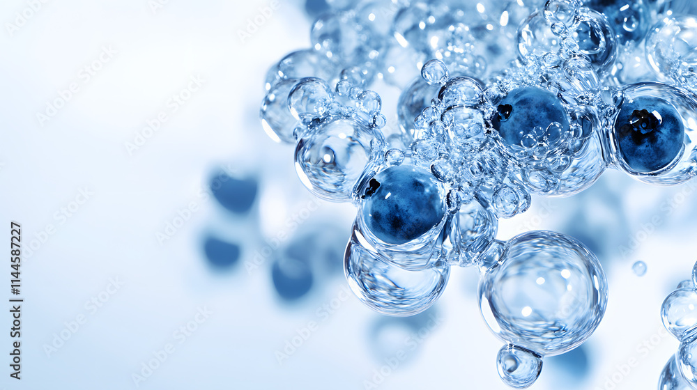 Close-Up of Crystal Blueberries, Fresh Water Droplets, Clean Style, Oblique Composition on Large White Space.