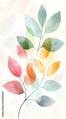 A soft, abstract illustration of colorful leaves on a light background.