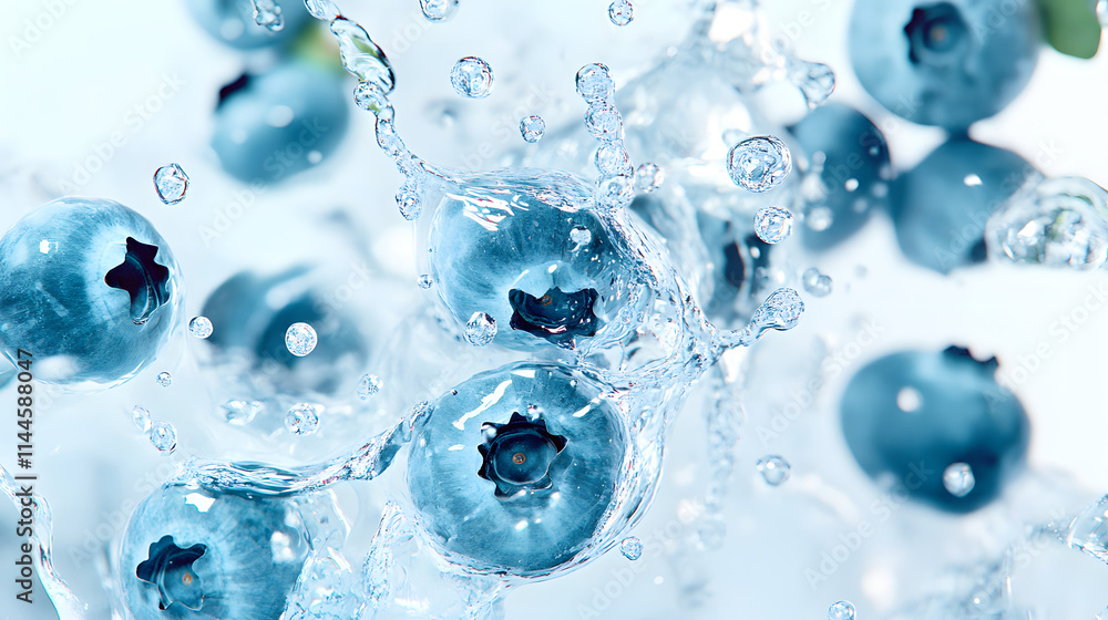Close-Up of Crystal Blueberries, Fresh Water Droplets, Clean Style, Oblique Composition on Large White Space. Close-Up of Crystal Blueberries, Fresh Water Droplets, Clean Style, Oblique Composition on Large White Space.