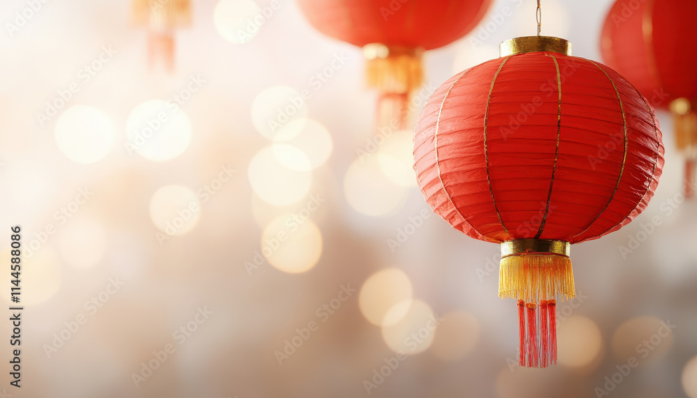 Fototapeta premium vibrant red Chinese lantern hanging, illuminated by soft bokeh lights, creates festive atmosphere. Perfect for celebrations and cultural events