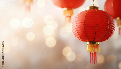 vibrant red Chinese lantern hanging, illuminated by soft bokeh lights, creates festive atmosphere. Perfect for celebrations and cultural events