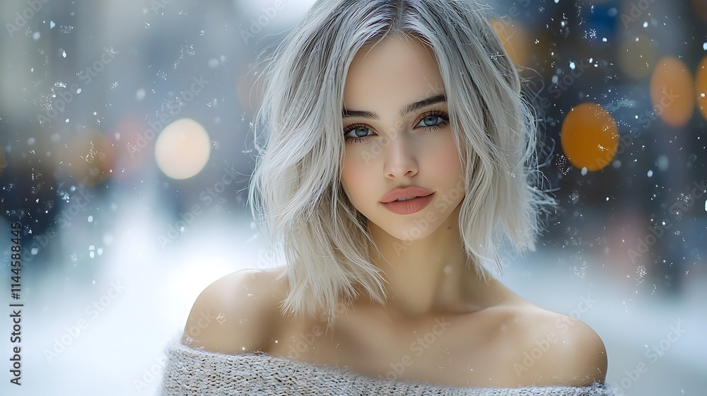 Snowy city street at night with a young woman in a soft off-shoulder sweater, light ash-blonde hair, snowflakes gently falling, serene gaze, cinematic streetlight glow, distant skyscrapers and Snowy city street at night with a young woman in a soft off-shoulder sweater, light ash-blonde hair, snowflakes gently falling, serene gaze, cinematic streetlight glow, distant skyscrapers and