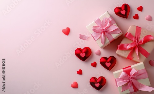 Romantic gift box surrounded by heart-shaped decorations for a special celebr...