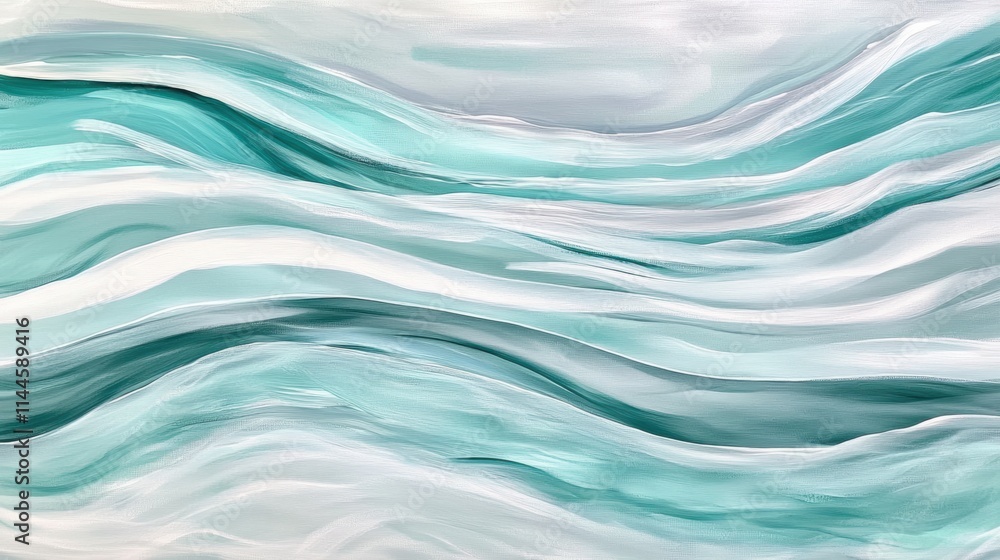 Obraz premium Elegant waves of light turquoise and aquamarine blend seamlessly with soft gray, creating a tranquil representation of flowing motion and peaceful oceanic vibes under a clear, open sky.