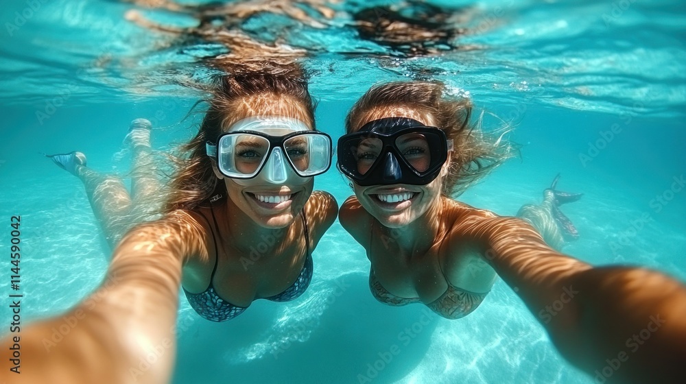 Naklejka premium Two friends snorkeling underwater, smiling and enjoying.