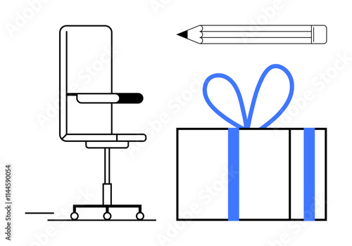 Office chair, pencil, and gift box with a blue bow. Ideal for business premises, office decor, corporate gifts, productivity, employee rewards work anniversaries business celebrations. Line