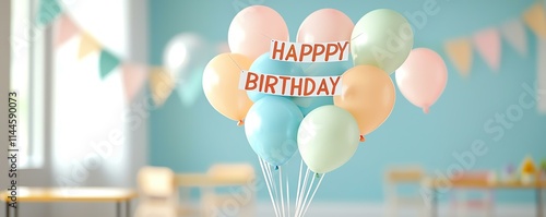 Colorful balloons with a happy birthday message create a festive atmosphere.