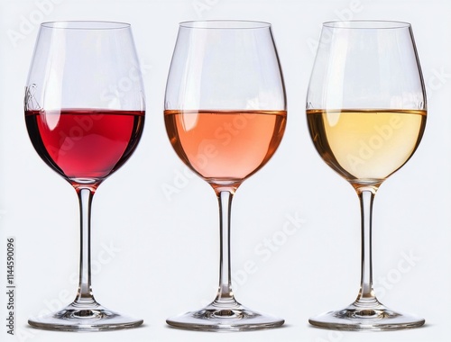 Three elegant wine glasses displaying rose, red, and white wines against a cl...