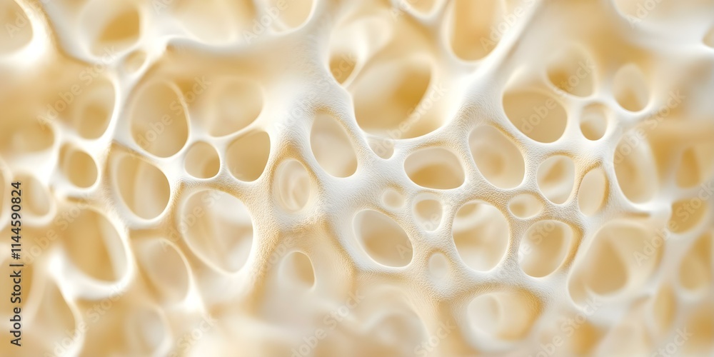 A close-up view of a porous, textured surface resembling bone or coral, showing a network of interconnected holes and spaces. Concept Porous Surface Details, Textured Close-Up, Bone-Like Patterns A close-up view of a porous, textured surface resembling bone or coral, showing a network of interconnected holes and spaces. Concept Porous Surface Details, Textured Close-Up, Bone-Like Patterns