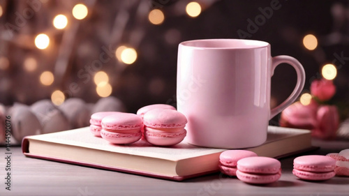 pink cup of coffee with macaroons