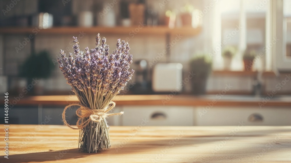 A bunch of dried lavender tied with twine, resting on a wooden kitchen counter with soft natural light