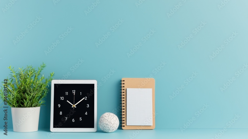 Modern Workspace with Clock and Notebook on Table Modern Workspace with Clock and Notebook on Table