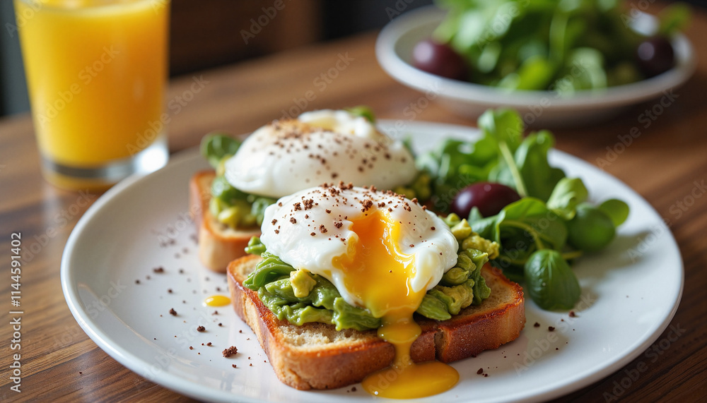 Avocado toast with poached eggs and greens on a white plate. Avocado toast with poached eggs and greens on a white plate.