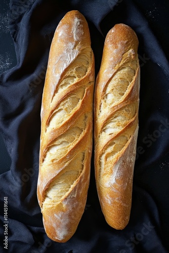 Freshly baked bread loaves resting on a dark fabric background with flour dus...