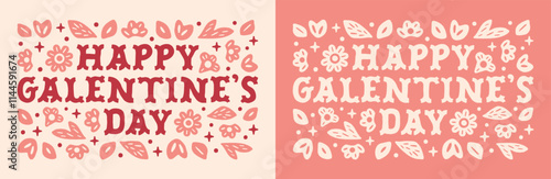 Happy Galentine's Day girls bestie best friend floral lettering card pink red preppy coquette cottagecore cowgirl aesthetic. Cute retro 80s girly flowers decor shirt design printable poster message.