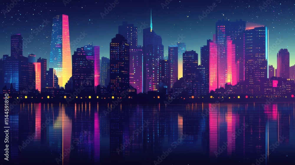 Abstract vector illustration of a city skyline at night, with geometric shapes and vibrant lights creating a dynamic urban scene. Abstract vector illustration of a city skyline at night, with geometric shapes and vibrant lights creating a dynamic urban scene.