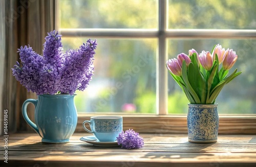 Vibrant spring flowers and a cup of tea on a sunny windowsill create a serene...