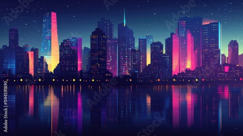 Abstract vector illustration of a city skyline at night, with geometric shapes and vibrant lights creating a dynamic urban scene.