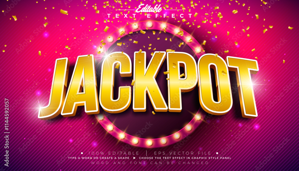 Jackpot 3D Text Effect Design Editable and Scalable Vector Graphic Style Effect with Shadow and Gold White Typography Lettering and Light Bulb Billboard on Red Background. Premium Luxury Illustration