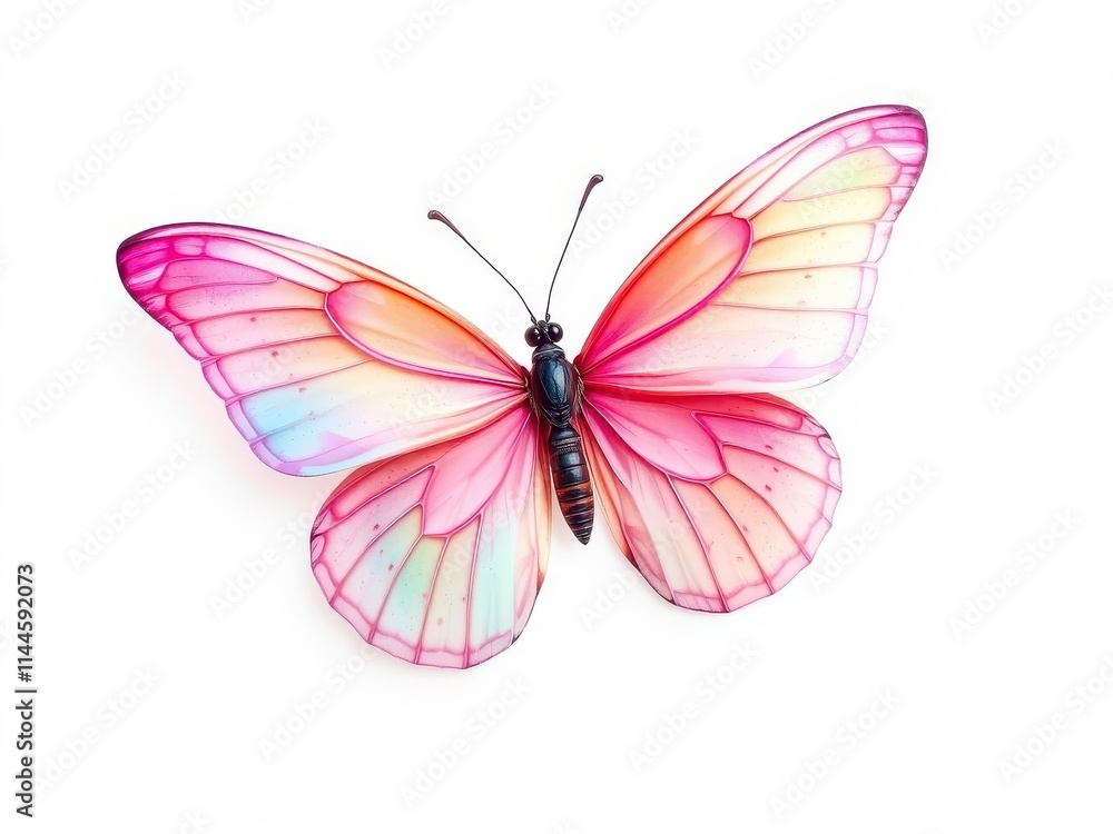 Pink butterfly with delicate wings in shades of pink fluttering gracefully on a crisp white background, beauty, colorful, pastel Pink butterfly with delicate wings in shades of pink fluttering gracefully on a crisp white background, beauty, colorful, pastel