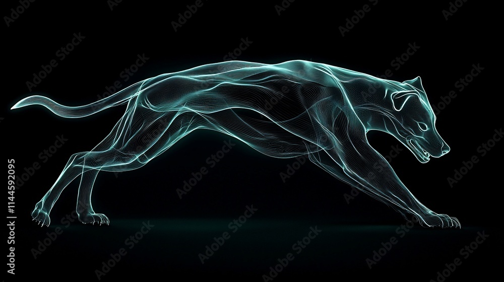 Abstract glowing dog in motion, dark background. Abstract glowing dog in motion, dark background.