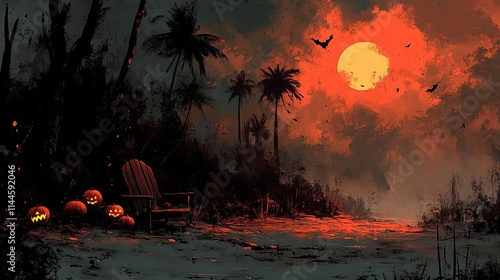 A spooky sunset scene with pumpkins and palm trees, evoking Halloween vibes. photo