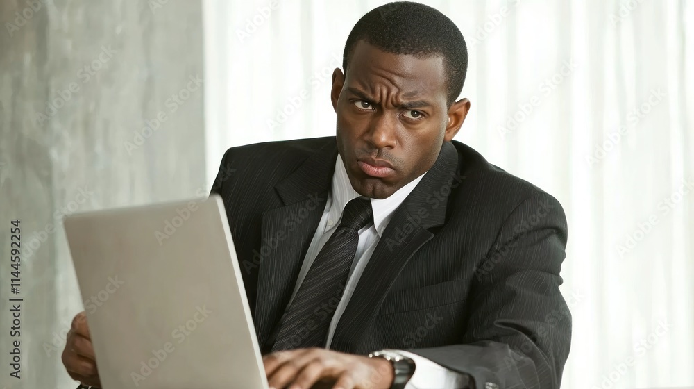 A business professional with a serious, determined look, sitting at a desk while working on a laptop A business professional with a serious, determined look, sitting at a desk while working on a laptop