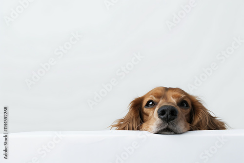 pet portraits, basset hound relaxes on white backdrop, looking up adoringly at owner with soulful eyes photo